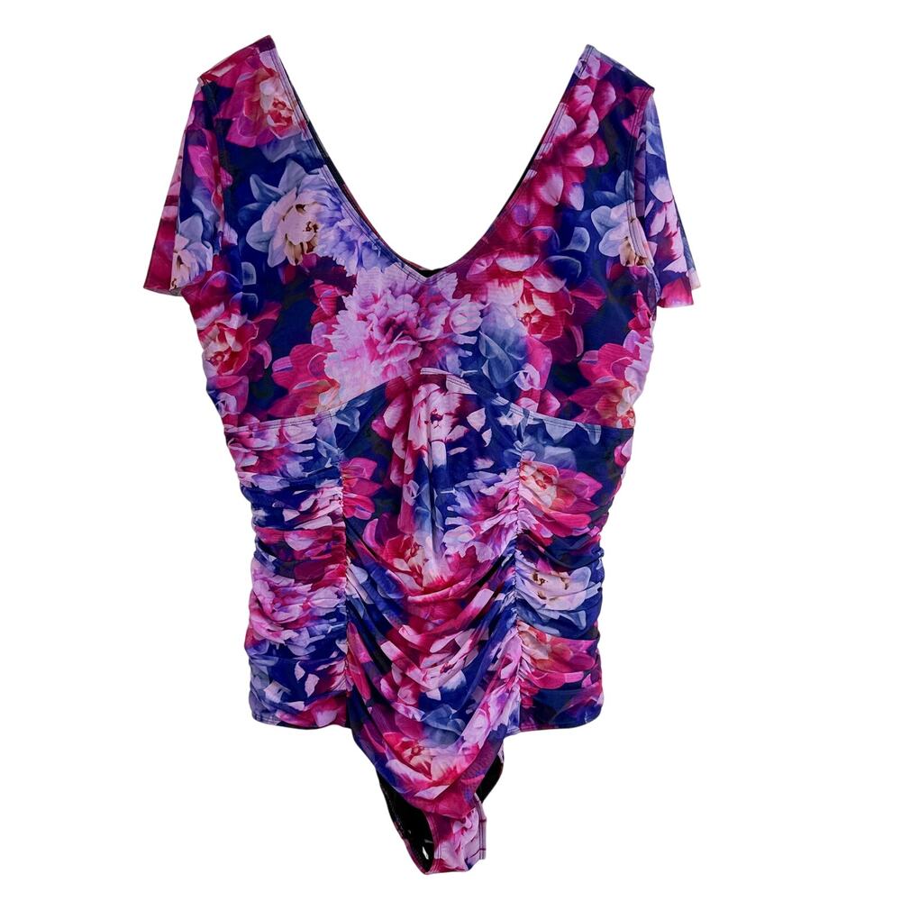Torrid Floral Mesh Ruched One Piece Swimsuit Purple - Plus Size 4 4X